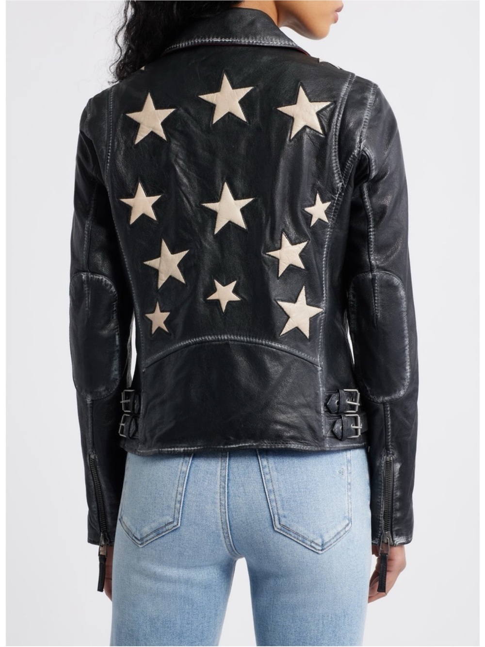 Mauritus Sz 10 Christy Genuine Lamb Leather Black Stars Patina Motorcycle Jacket